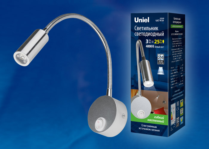 ULT-F21-3W/4000K IP20 SILVER Светильник светодиодный настенный гибкий для интерьерного освещения. 85